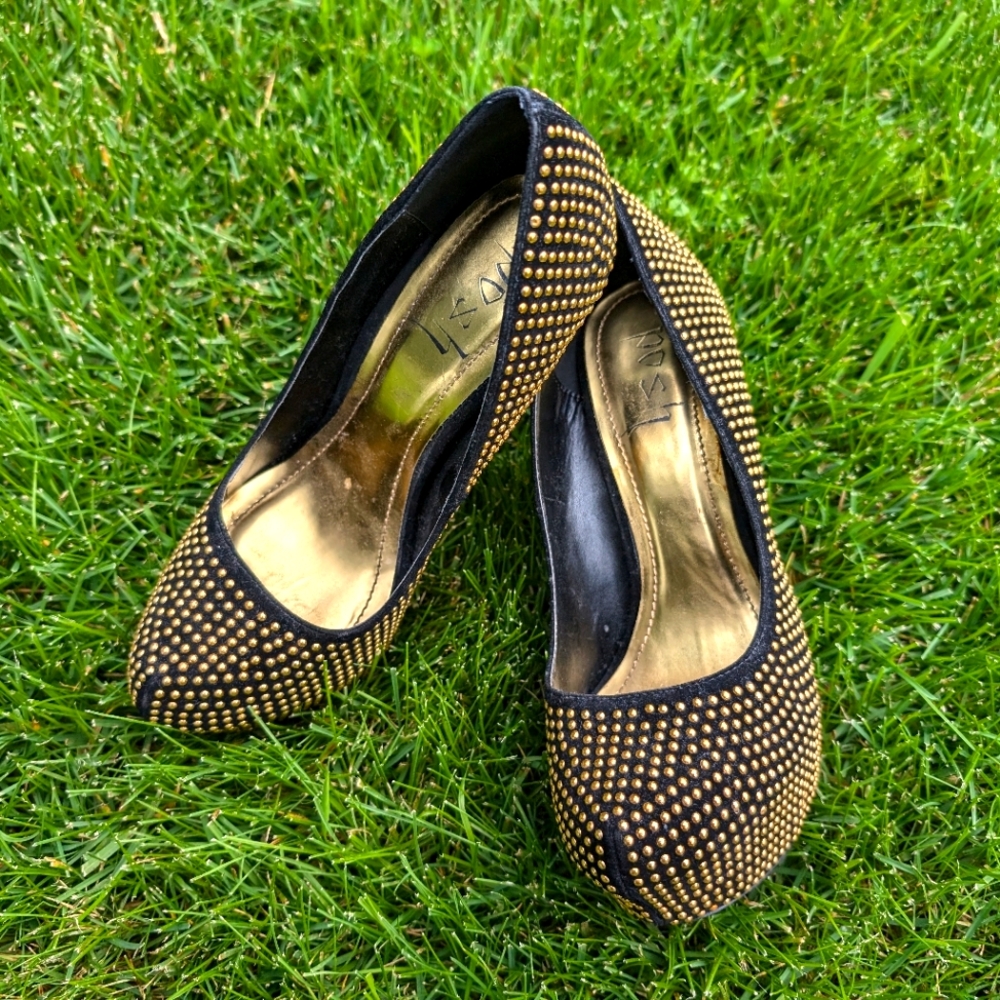 Posh heels golden rhinestones on black velvet